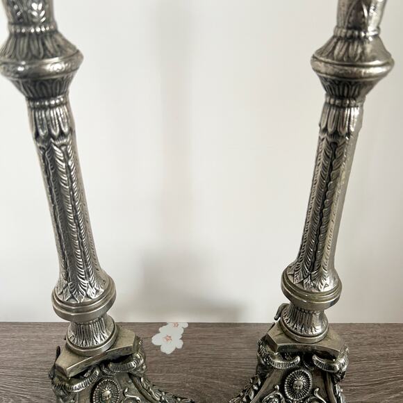 VINTAGE Silver Tone Metal Ornate Idol Ritual Candle Stick Pair 18" Tall INDIA - Picture 8 of 11